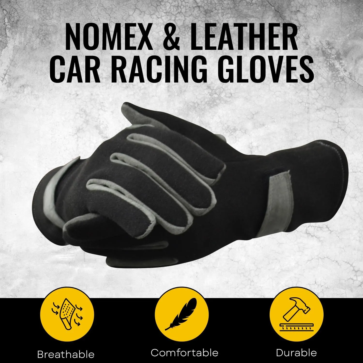 New Nomex & Leather Car Racing Gloves, Fire Retardant, Driving, Flying, Pilot, Gloves for Race Car Drivers, Flame Resistant Motorsport Gloves, Black and Grey