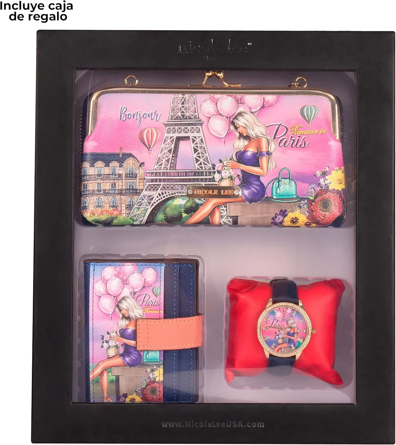 NICOLE LEE 3 Pieces Accessories Gift Value Set (Wallet Crossbody, Small Card Case, Diamond Fashion Watch)
