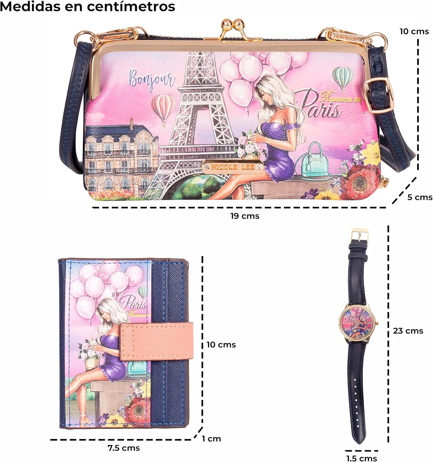 NICOLE LEE 3 Pieces Accessories Gift Value Set (Wallet Crossbody, Small Card Case, Diamond Fashion Watch)
