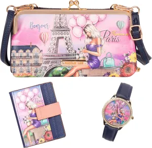 NICOLE LEE 3 Pieces Accessories Gift Value Set (Wallet Crossbody, Small Card Case, Diamond Fashion Watch)