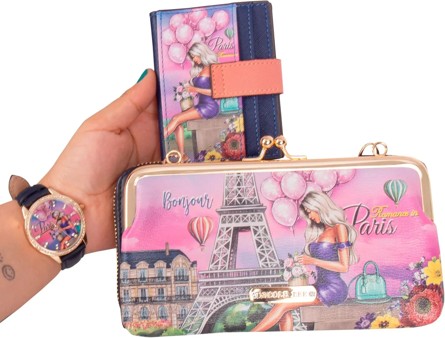 NICOLE LEE 3 Pieces Accessories Gift Value Set (Wallet Crossbody, Small Card Case, Diamond Fashion Watch)