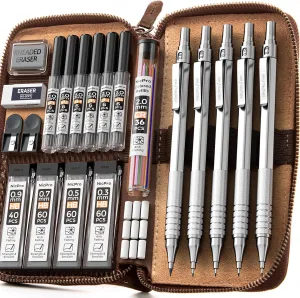 Nicpro 20PCS Metal Mechanical Pencil Set in Leather Case, Art Drafting Pencil 0.3, 0.5, 0.7, 0.9 mm & 2mm Lead Holders, 9 Tube (4B 2B HB 2H Colors) Lead Refills, Erasers For Sketching Drawing