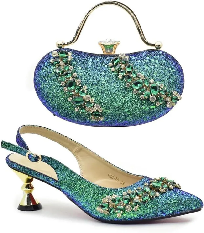 Nigeria Fashion Bag and Mid-Heel Pointed Shoes Party Shoes and Bag Set Decorated with Rhinestone Wedding Shoes Bride