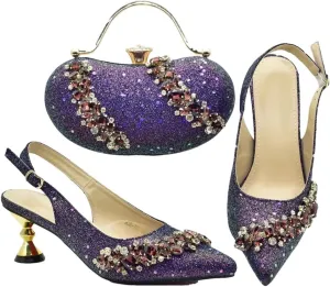 Nigeria Fashion Bag and Mid-Heel Pointed Shoes Party Shoes and Bag Set Decorated with Rhinestone Wedding Shoes Bride