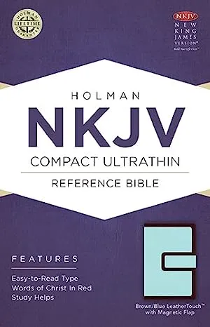 NKJV Compact Ultrathin Bible Brown/Blue Leathertouch With Magnetic Flap. 7 point font