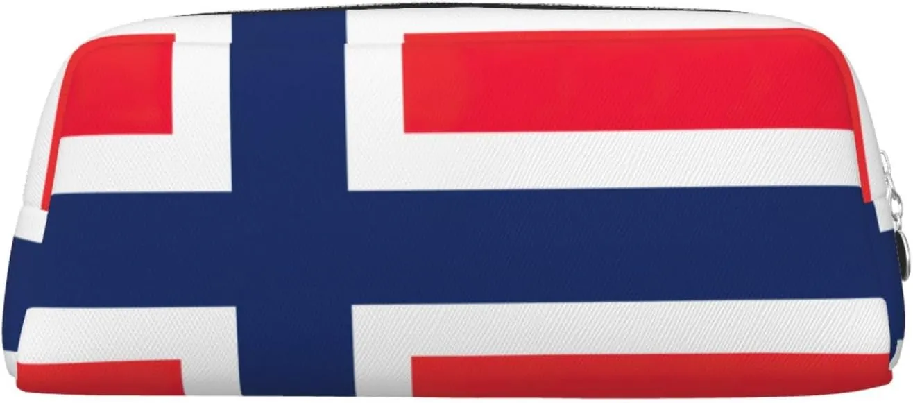 Norwegian Flag Print Pencil Case With Zipper, Large Capacity Pen Bag For Pencils, Leather Pouch For Travel