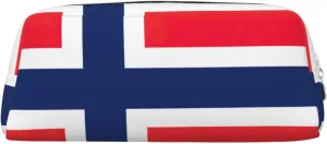 Norwegian Flag Print Pencil Case With Zipper, Large Capacity Pen Bag For Pencils, Leather Pouch For Travel