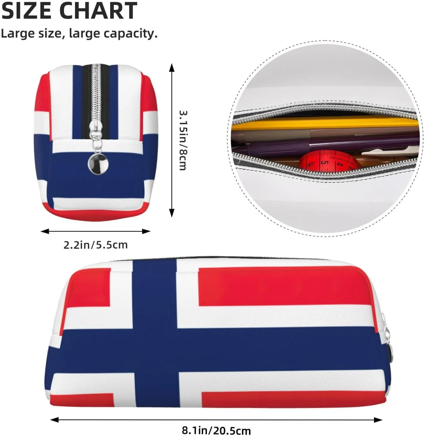 Norwegian Flag Print Pencil Case With Zipper, Large Capacity Pen Bag For Pencils, Leather Pouch For Travel