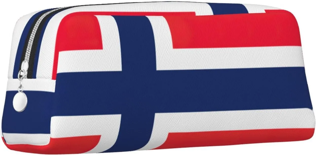 Norwegian Flag Print Pencil Case With Zipper, Large Capacity Pen Bag For Pencils, Leather Pouch For Travel