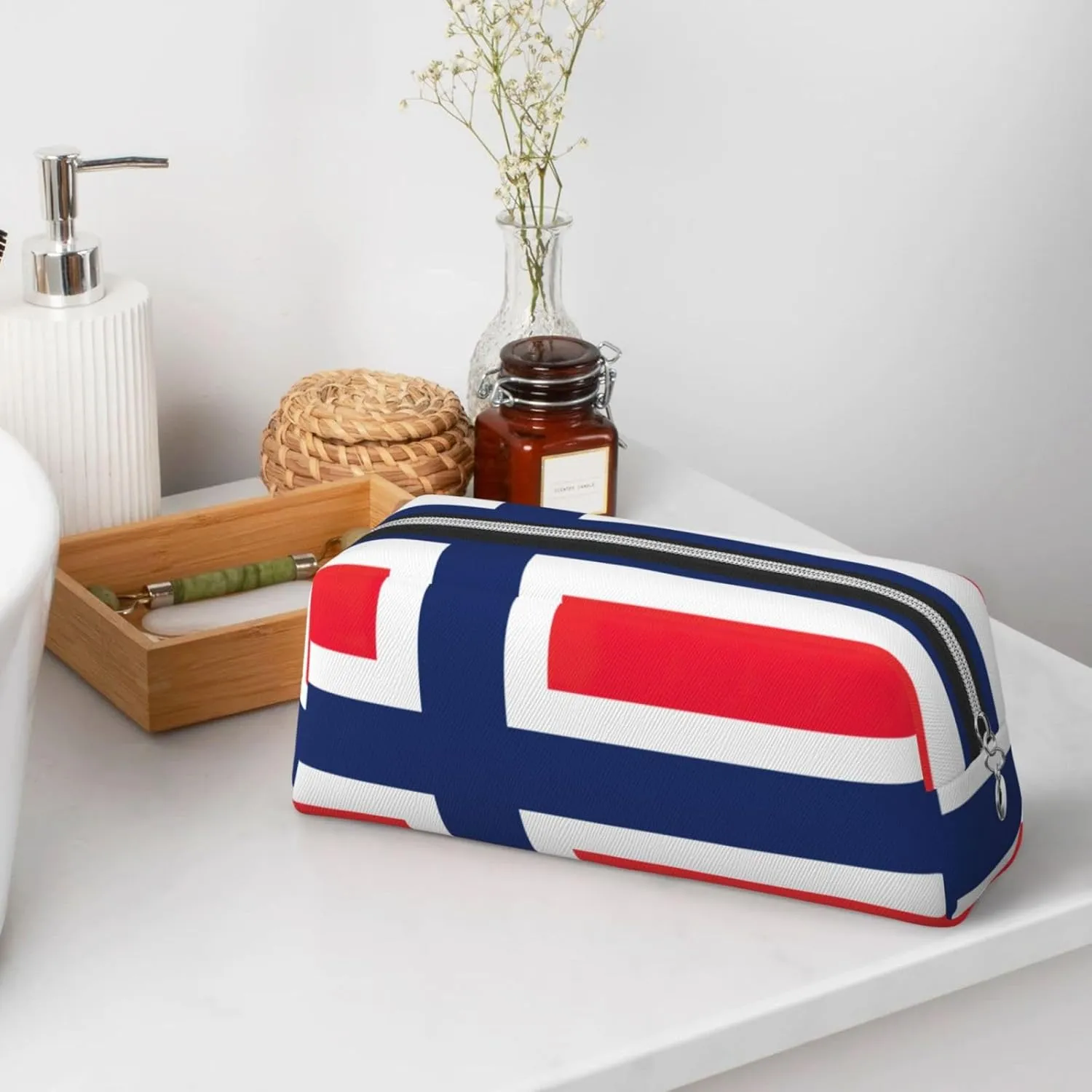 Norwegian Flag Print Pencil Case With Zipper, Large Capacity Pen Bag For Pencils, Leather Pouch For Travel