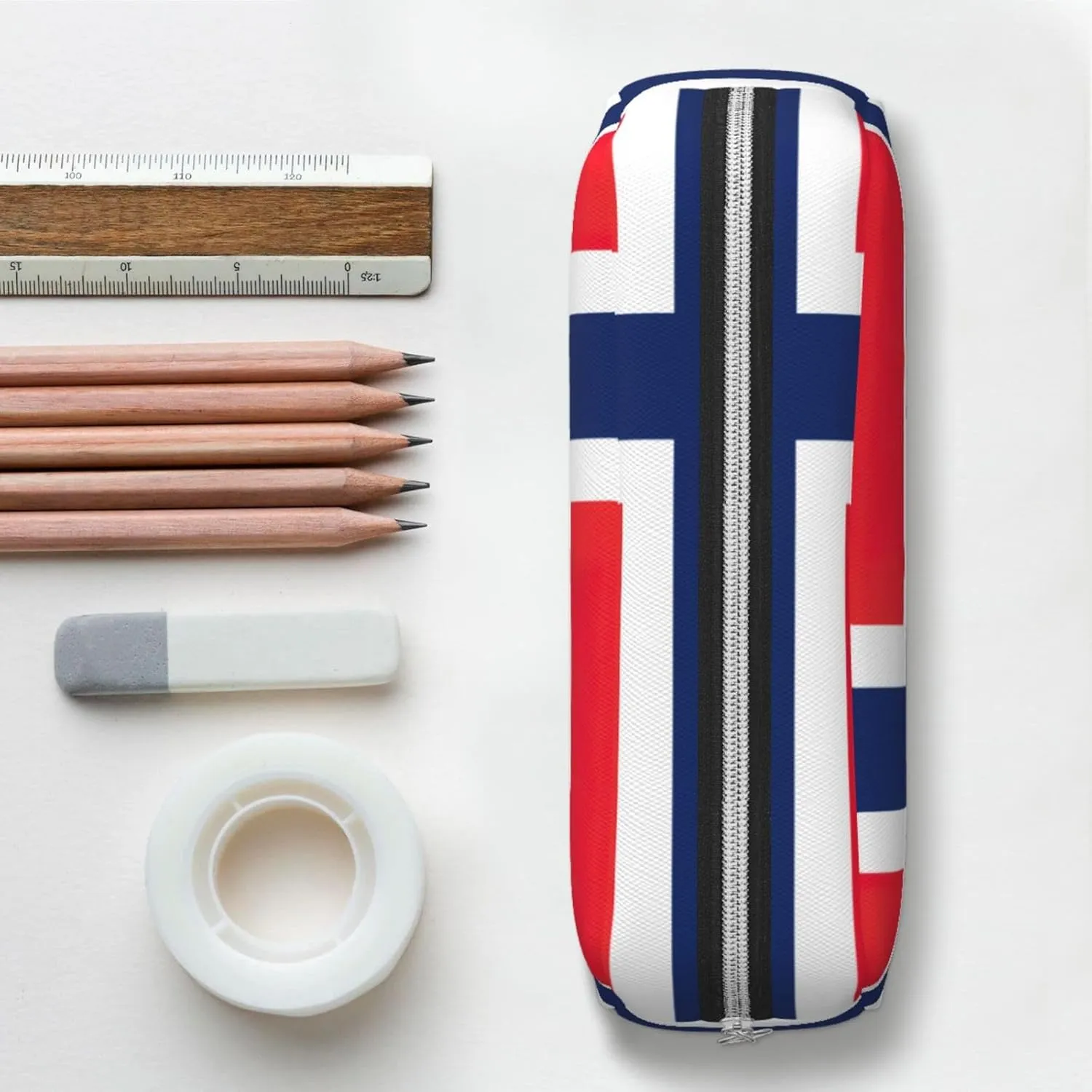 Norwegian Flag Print Pencil Case With Zipper, Large Capacity Pen Bag For Pencils, Leather Pouch For Travel