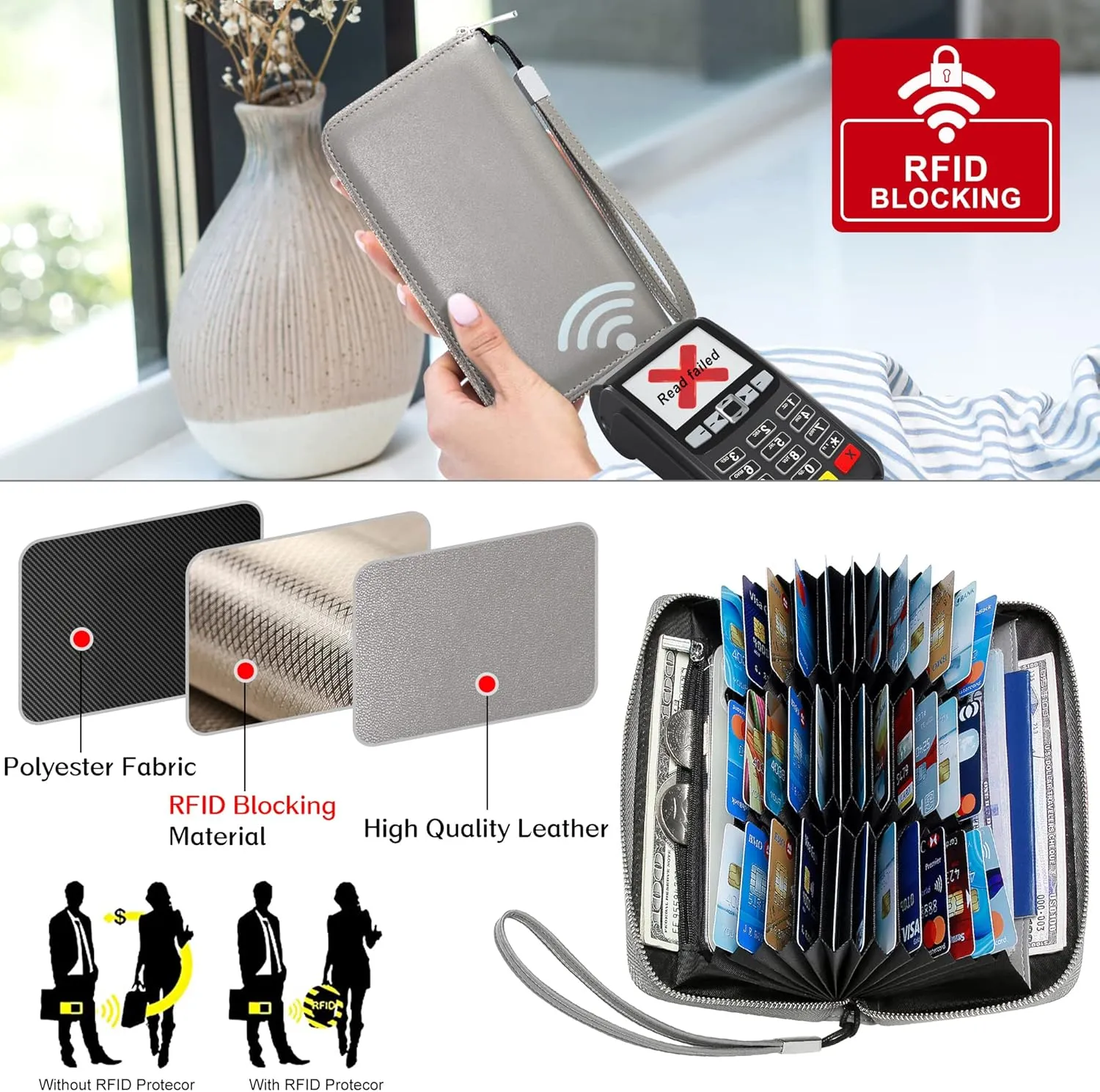 OIDERY Women Large Capacity Credit Card Wallet RFID Blocking with Removable Wristlet