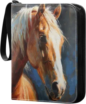 Oil Painting Horse Card Binder 4-Pocket, 400 Pockets Card Holder with 50 Removable Sleeves and Zipper for Games Baseball Football Sports Card