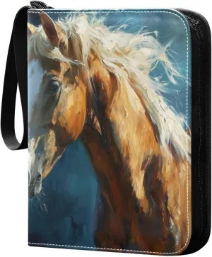 Oil Painting Horse Card Binder 4-Pocket, 400 Pockets Card Holder with 50 Removable Sleeves and Zipper for Games Baseball Football Sports Card