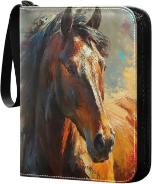 Oil Painting Horse Card Binder 4-Pocket, 400 Pockets Card Holder with 50 Removable Sleeves and Zipper for Games Baseball Football Sports Card