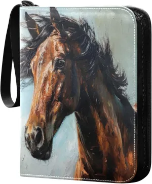 Oil Painting Horse Card Binder 4-Pocket, 400 Pockets Card Holder with 50 Removable Sleeves and Zipper for Games Baseball Football Sports Card