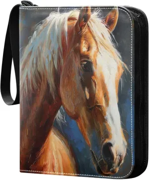 Oil Painting Horse Card Binder 4-Pocket, 400 Pockets Trading Cards Holder Games Card Albums Storage Organizer Case for Football, Baseball Cards