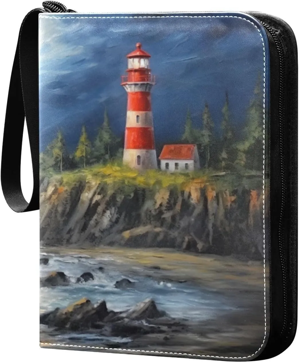 Oil Painting Lighthouse Card Binder 4-Pocket, 400 Pockets PU Waterproof Zippered Collector Card Album with 50 Removable Sleeves for Trading, Game Cards