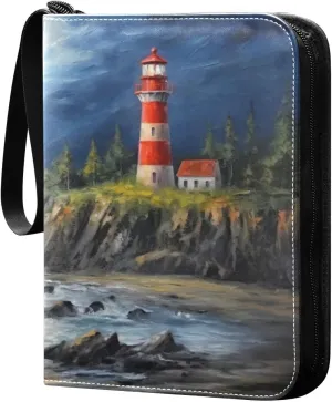 Oil Painting Lighthouse Card Binder 4-Pocket, 400 Pockets PU Waterproof Zippered Collector Card Album with 50 Removable Sleeves for Trading, Game Cards