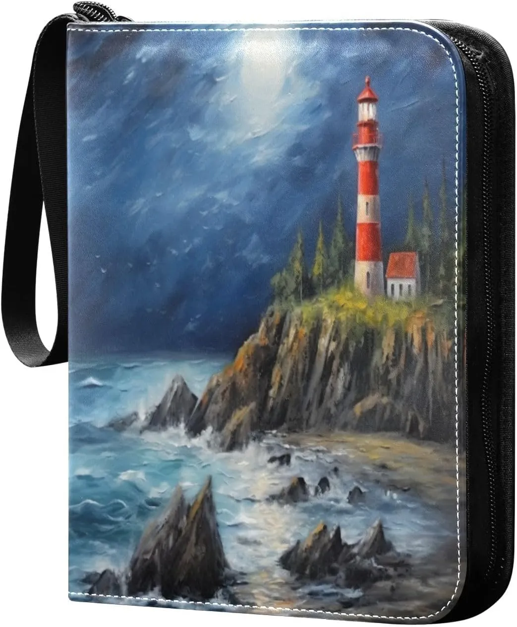 Oil Painting Lighthouse Card Binder with Double Sided PU Leather Holder Albums Book with 400 Pockets for Collectible Trading Card Games Card