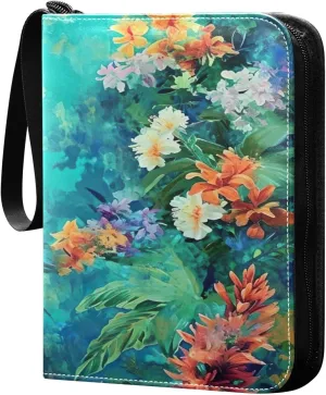 Oil Painting Of Flowers on Green Background Card Holder, Card Holder Album with 400 Card Slots in 50 Pages for Display, Storage, Portability