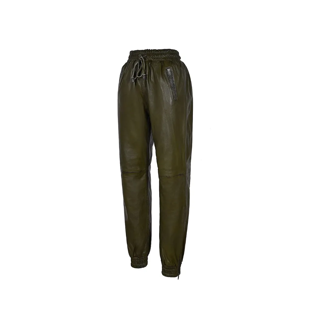Olive Green Napa Trousers - Track Pants Leather