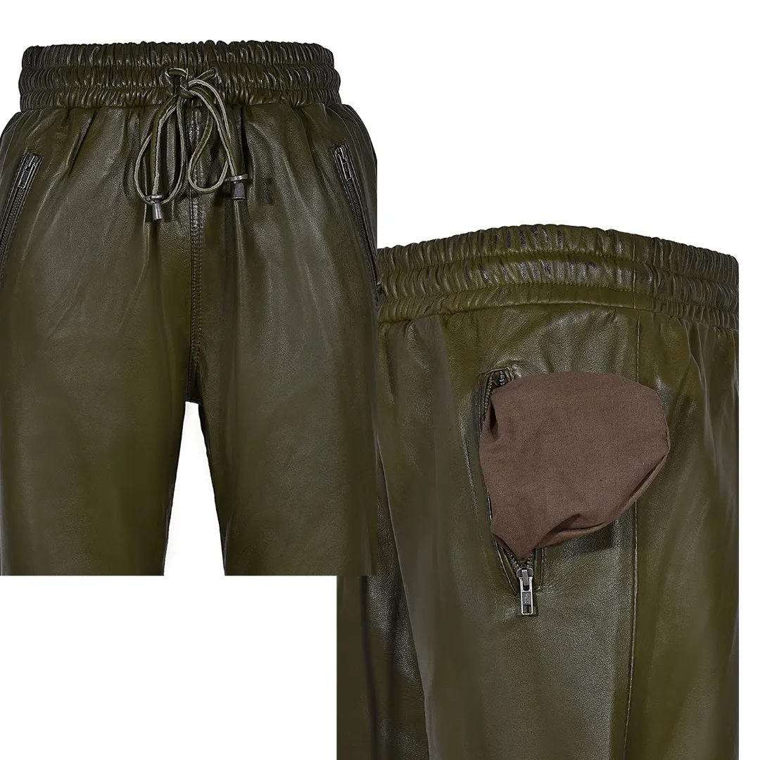 Olive Green Napa Trousers - Track Pants Leather