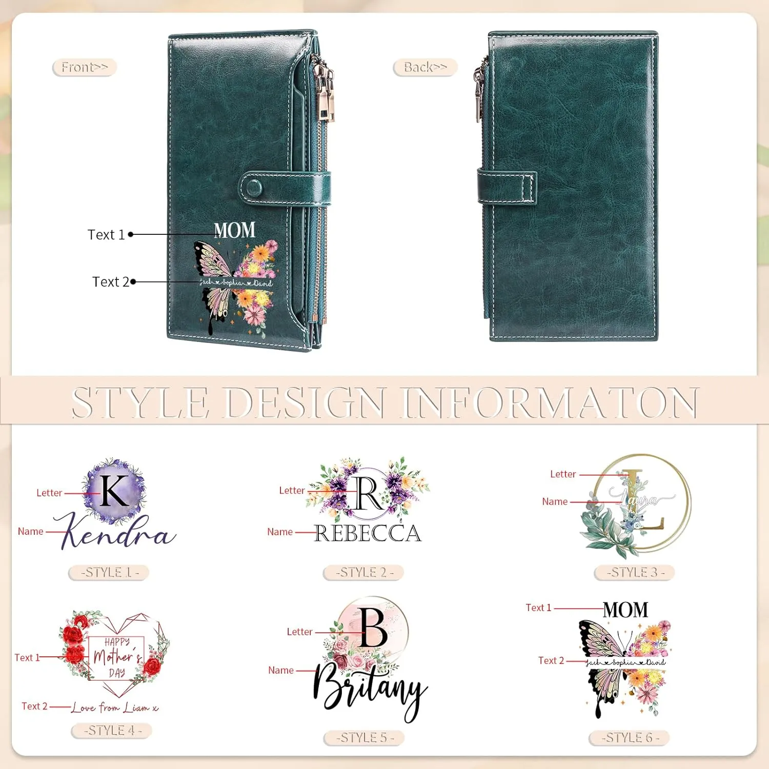 OPALSTOCK Personalized Leather Wallet for Women – Custom Name Purse with Engraved Birth Flower – Small Zipper Coin Wallet, Custom Ladies Purse – Gift for Mother's Day, Birthday Present (Styles 1)