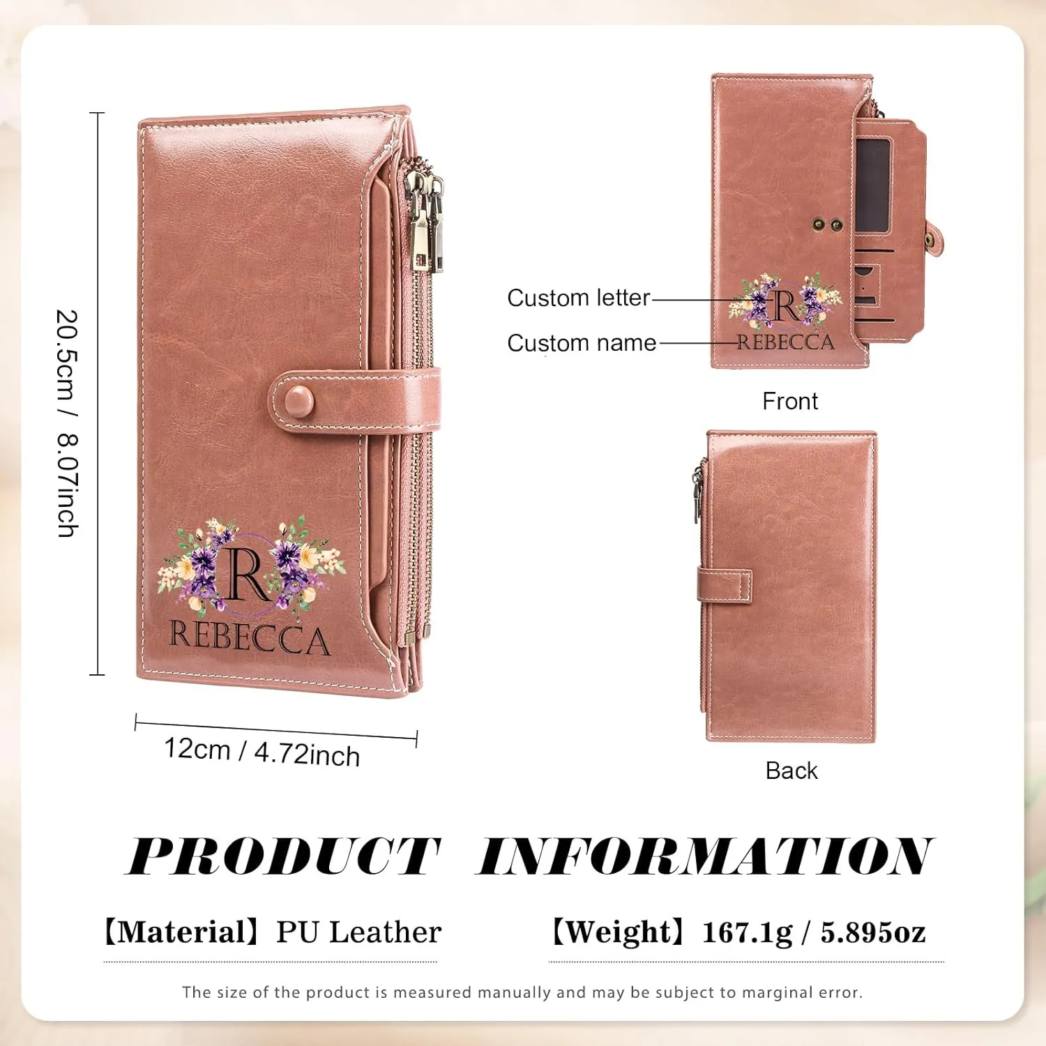 OPALSTOCK Personalized Leather Wallet for Women – Custom Name Purse with Engraved Birth Flower – Small Zipper Coin Wallet, Custom Ladies Purse – Gift for Mother's Day, Birthday Present (Styles 3)