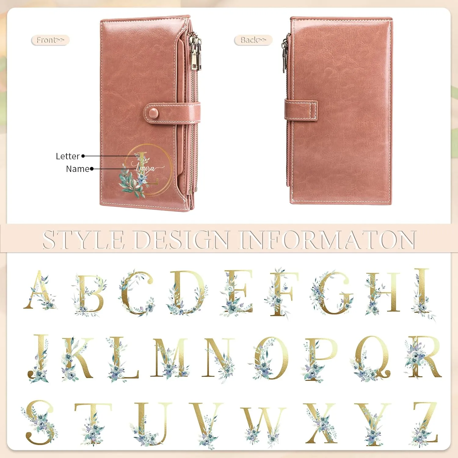 OPALSTOCK Personalized Leather Wallet for Women – Custom Name Purse with Engraved Birth Flower – Small Zipper Coin Wallet, Custom Ladies Purse – Gift for Mother's Day, Birthday Present (Styles 3)