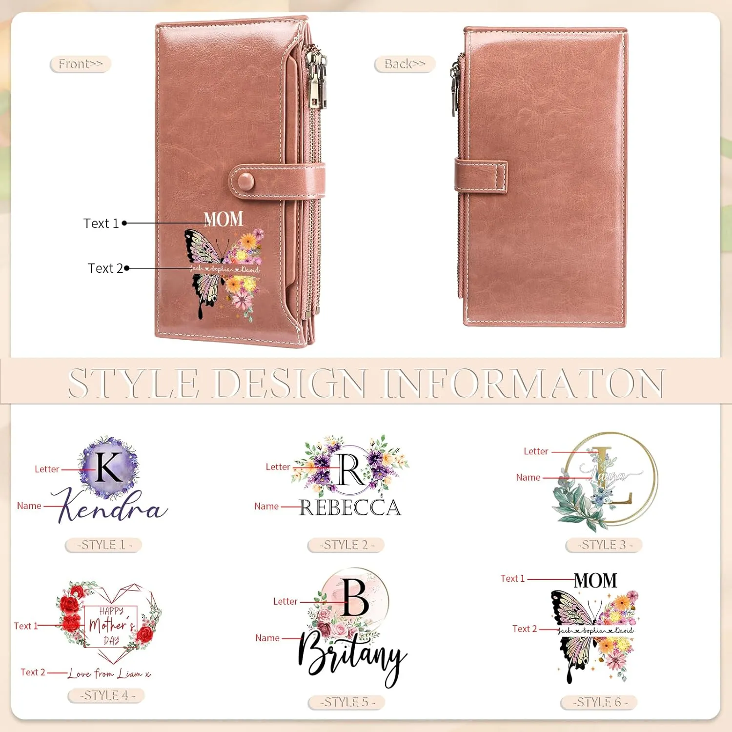 OPALSTOCK Personalized Leather Wallet for Women – Custom Name Purse with Engraved Birth Flower – Small Zipper Coin Wallet, Custom Ladies Purse – Gift for Mother's Day, Birthday Present (Styles 3)