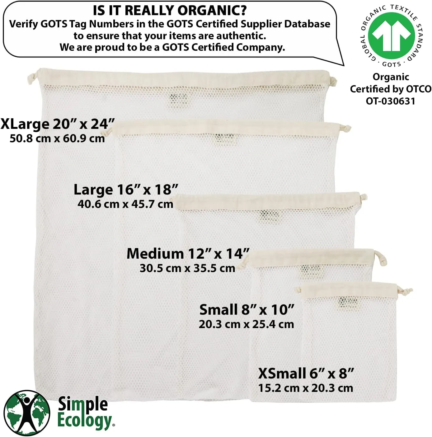 Organic Cotton Mesh Laundry Bag; Machine Washing Bags for Delicates, Lingerie and Garments, Small 2 pack
