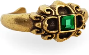 Ornate Adjustable Ring - Antiqued Gold Finish - Emerald Stone - Tudor Eworth Inspired