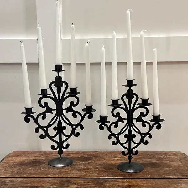 Ornate Black Metal Five Arm Candelabra, Set of Two