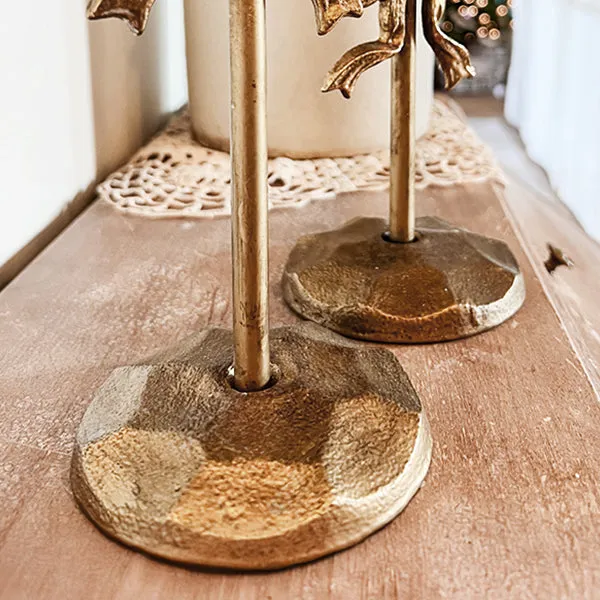 Ornate Bow Antique Gold Cast Iron Candle Holders, Set of Two