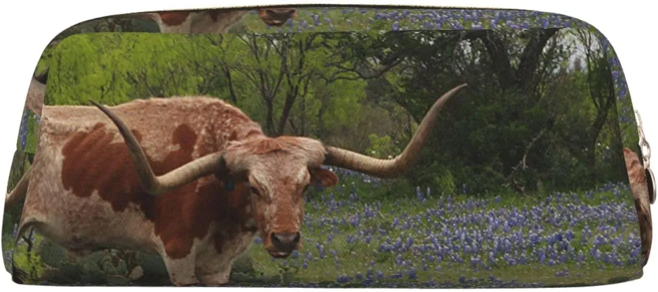 OUSIKA Longhorn Steer and Bluebonnets Pen Case Leather Pencil Bag Waterproof Portable Travel Cosmetic Bag Organizer Bag for Women, Gold, One Size, Coin Pouch