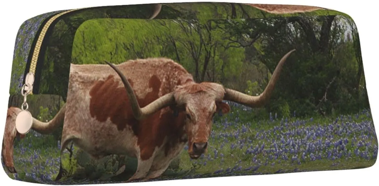 OUSIKA Longhorn Steer and Bluebonnets Pen Case Leather Pencil Bag Waterproof Portable Travel Cosmetic Bag Organizer Bag for Women, Gold, One Size, Coin Pouch