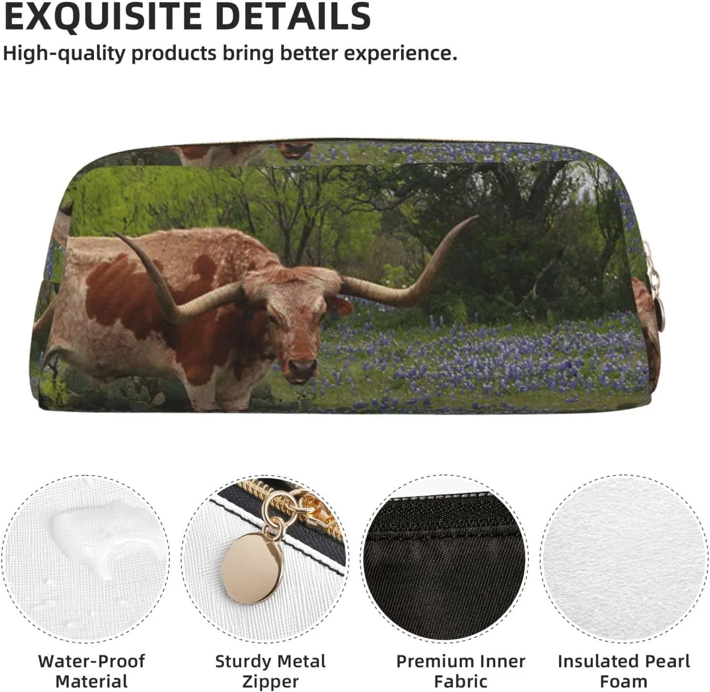 OUSIKA Longhorn Steer and Bluebonnets Pen Case Leather Pencil Bag Waterproof Portable Travel Cosmetic Bag Organizer Bag for Women, Gold, One Size, Coin Pouch