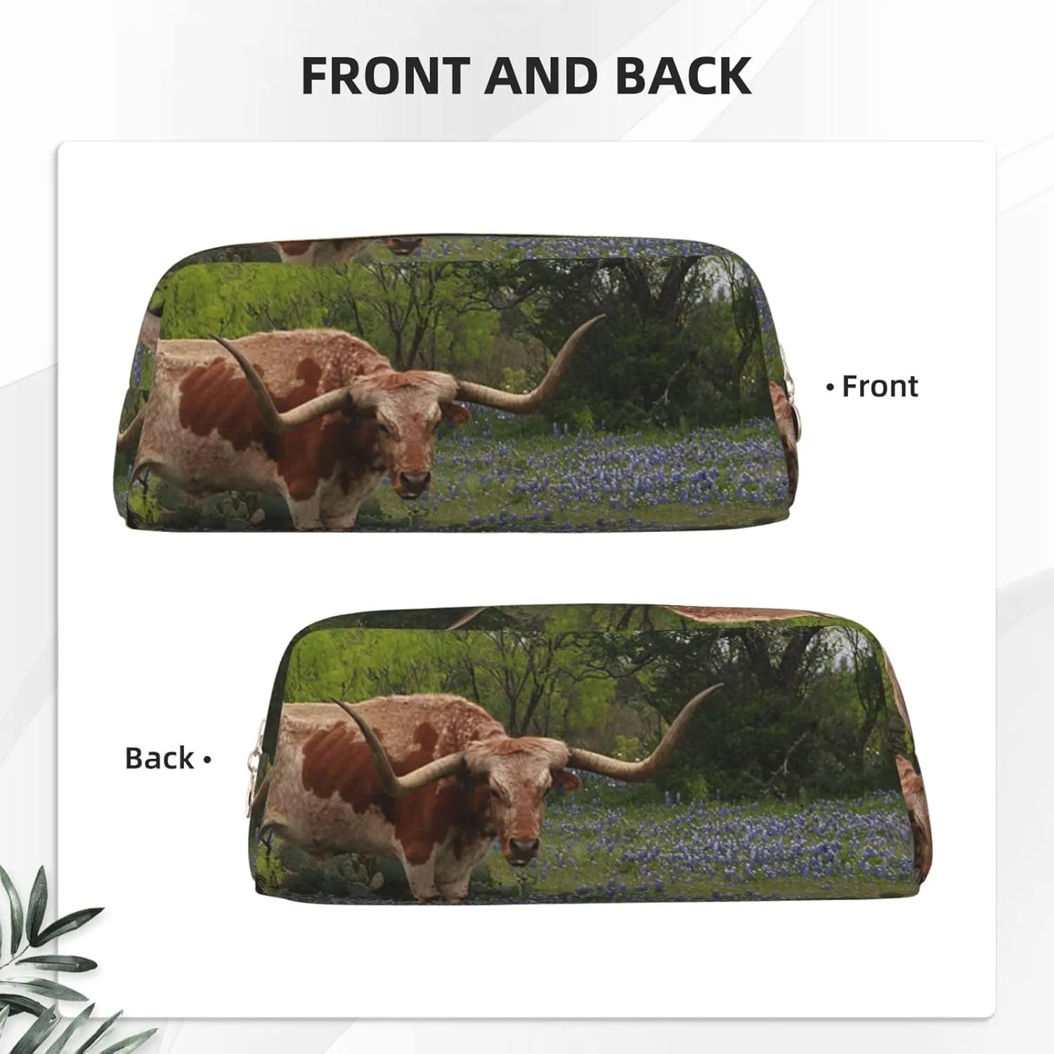 OUSIKA Longhorn Steer and Bluebonnets Pen Case Leather Pencil Bag Waterproof Portable Travel Cosmetic Bag Organizer Bag for Women, Gold, One Size, Coin Pouch