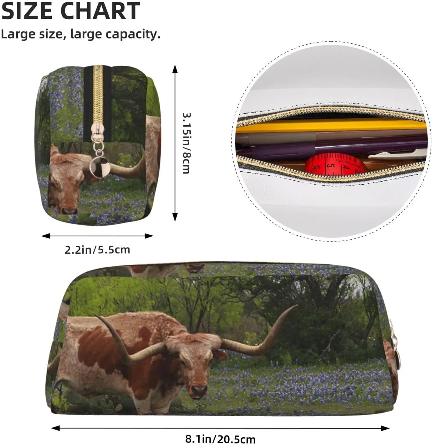 OUSIKA Longhorn Steer and Bluebonnets Pen Case Leather Pencil Bag Waterproof Portable Travel Cosmetic Bag Organizer Bag for Women, Gold, One Size, Coin Pouch