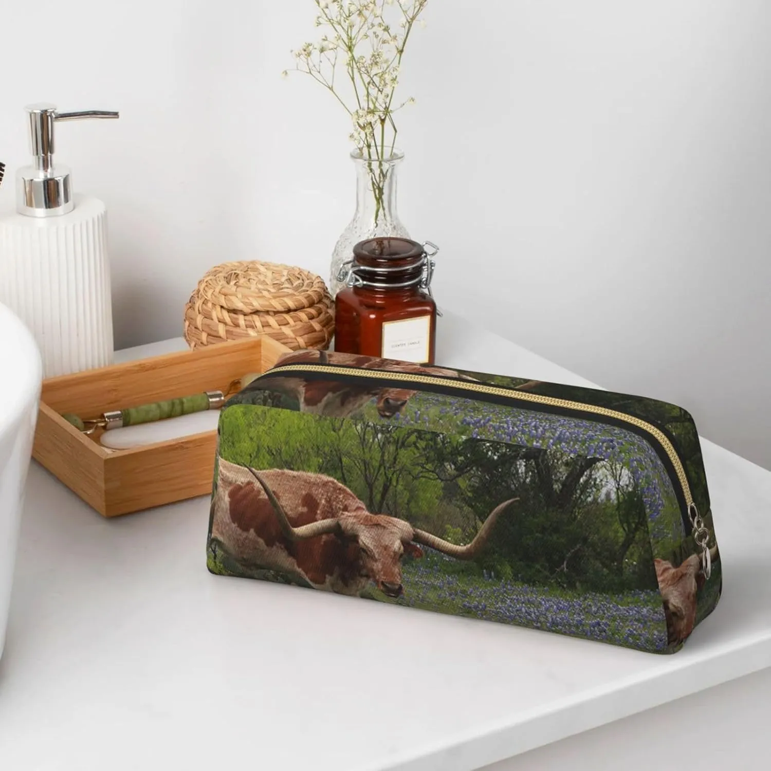 OUSIKA Longhorn Steer and Bluebonnets Pen Case Leather Pencil Bag Waterproof Portable Travel Cosmetic Bag Organizer Bag for Women, Gold, One Size, Coin Pouch