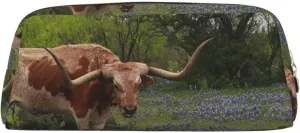 OUSIKA Longhorn Steer and Bluebonnets Pen Case Leather Pencil Bag Waterproof Portable Travel Cosmetic Bag Organizer Bag for Women, Gold, One Size, Coin Pouch