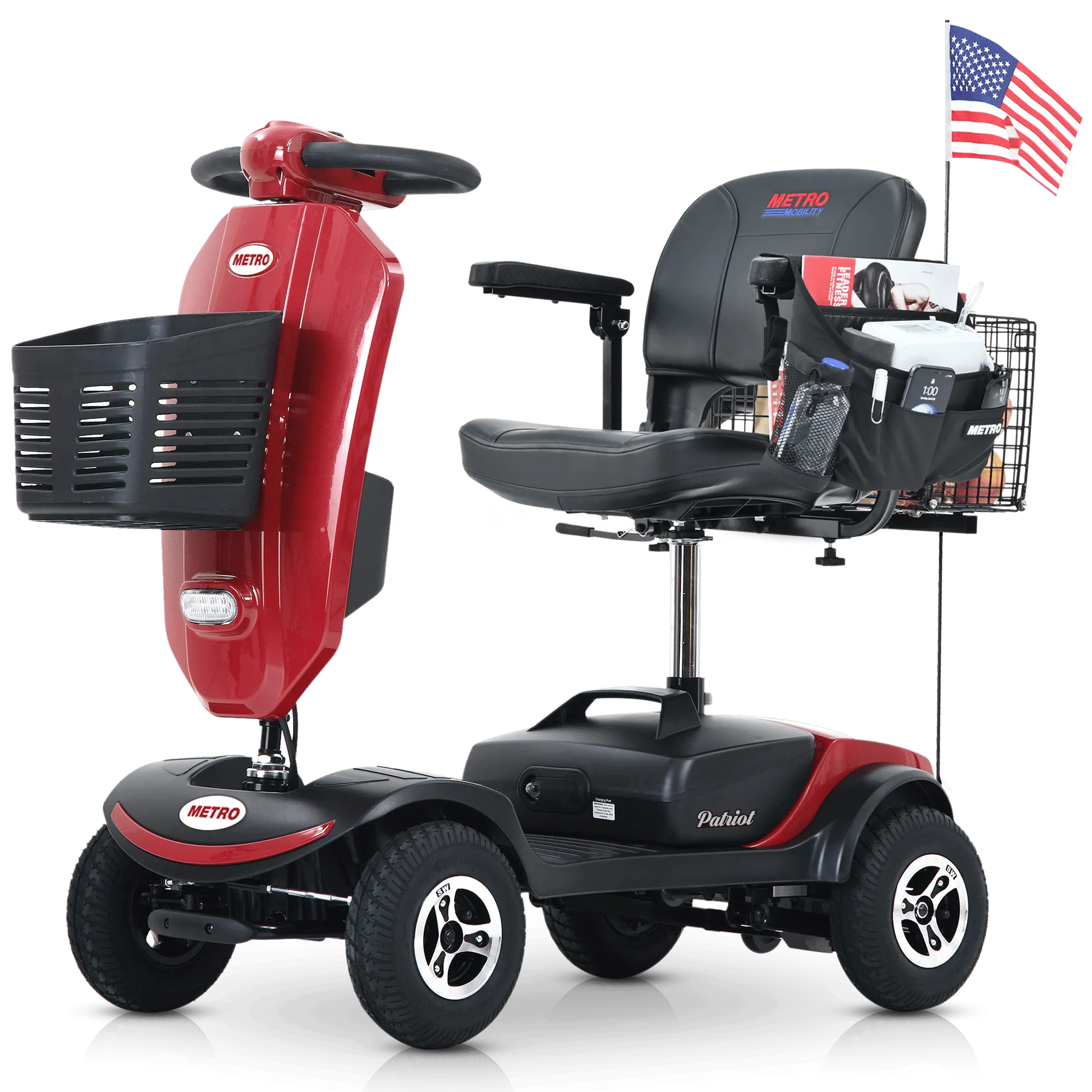 Outdoor compact mobility scooter with windshield ,300W Motor, Travel - Long Range Power Extended Battery with Cup holders , Storage Bag, Rear Basket & USB charger port,RED