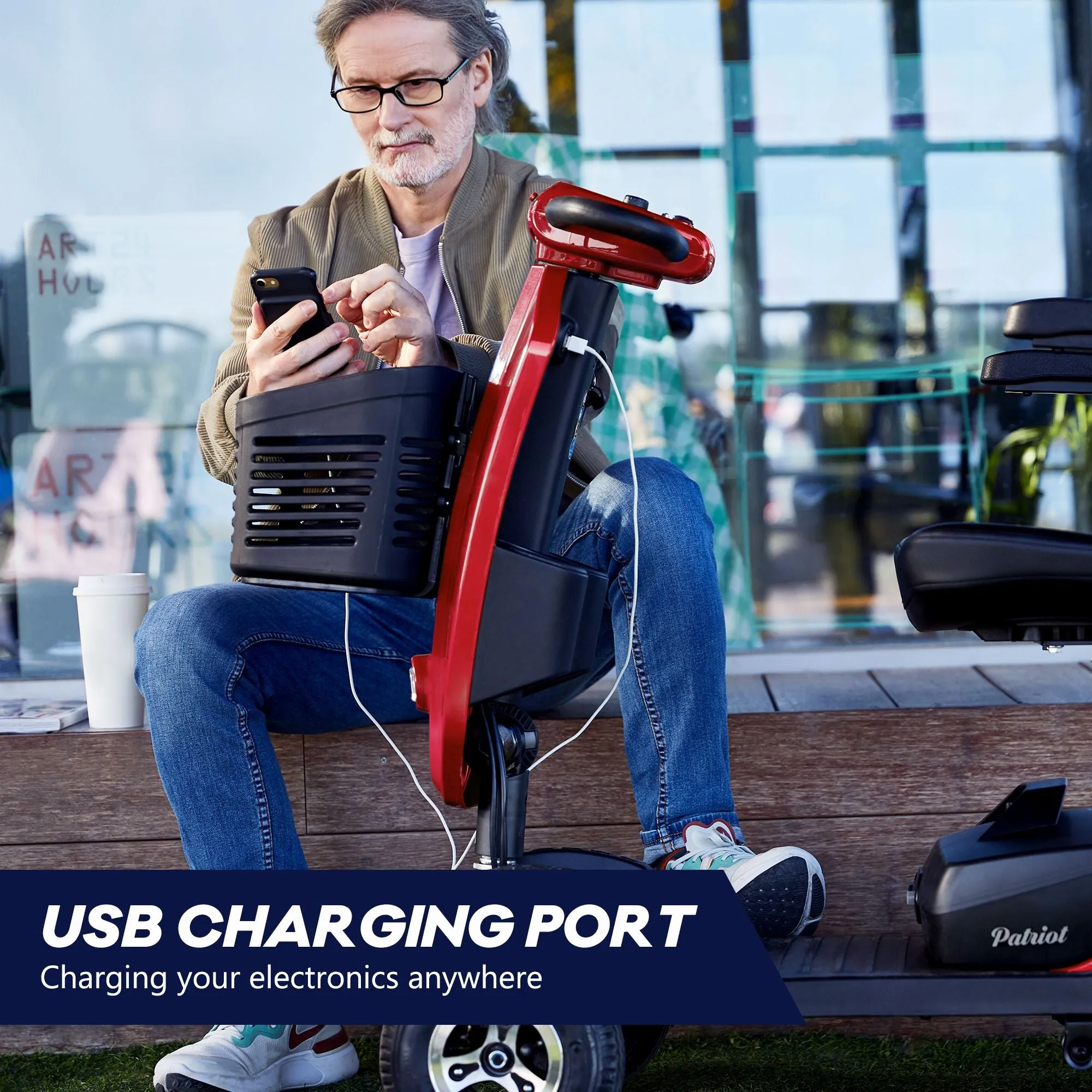 Outdoor compact mobility scooter with windshield ,300W Motor, Travel - Long Range Power Extended Battery with Cup holders , Storage Bag, Rear Basket & USB charger port,RED