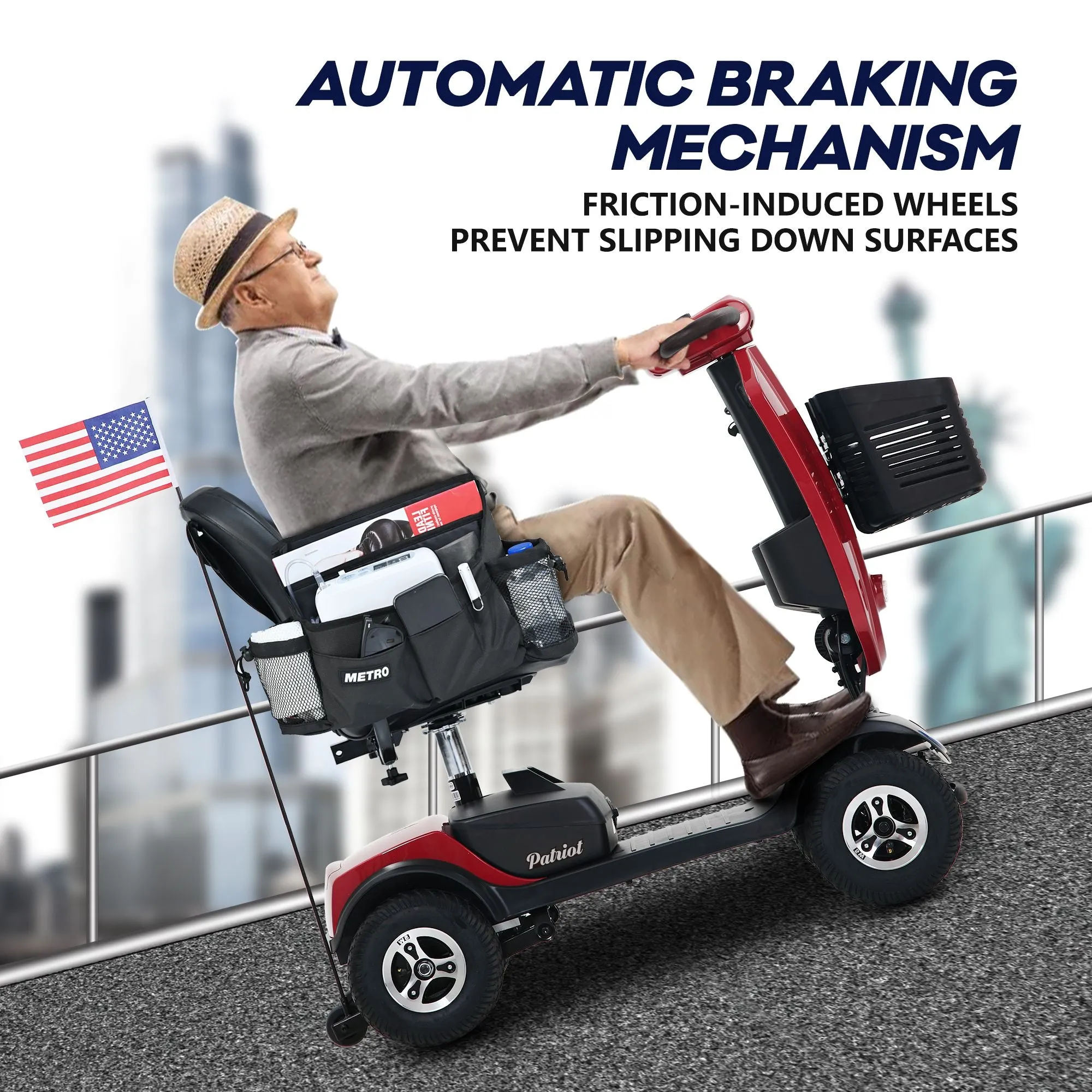 Outdoor compact mobility scooter with windshield ,300W Motor, Travel - Long Range Power Extended Battery with Cup holders , Storage Bag, Rear Basket & USB charger port,RED