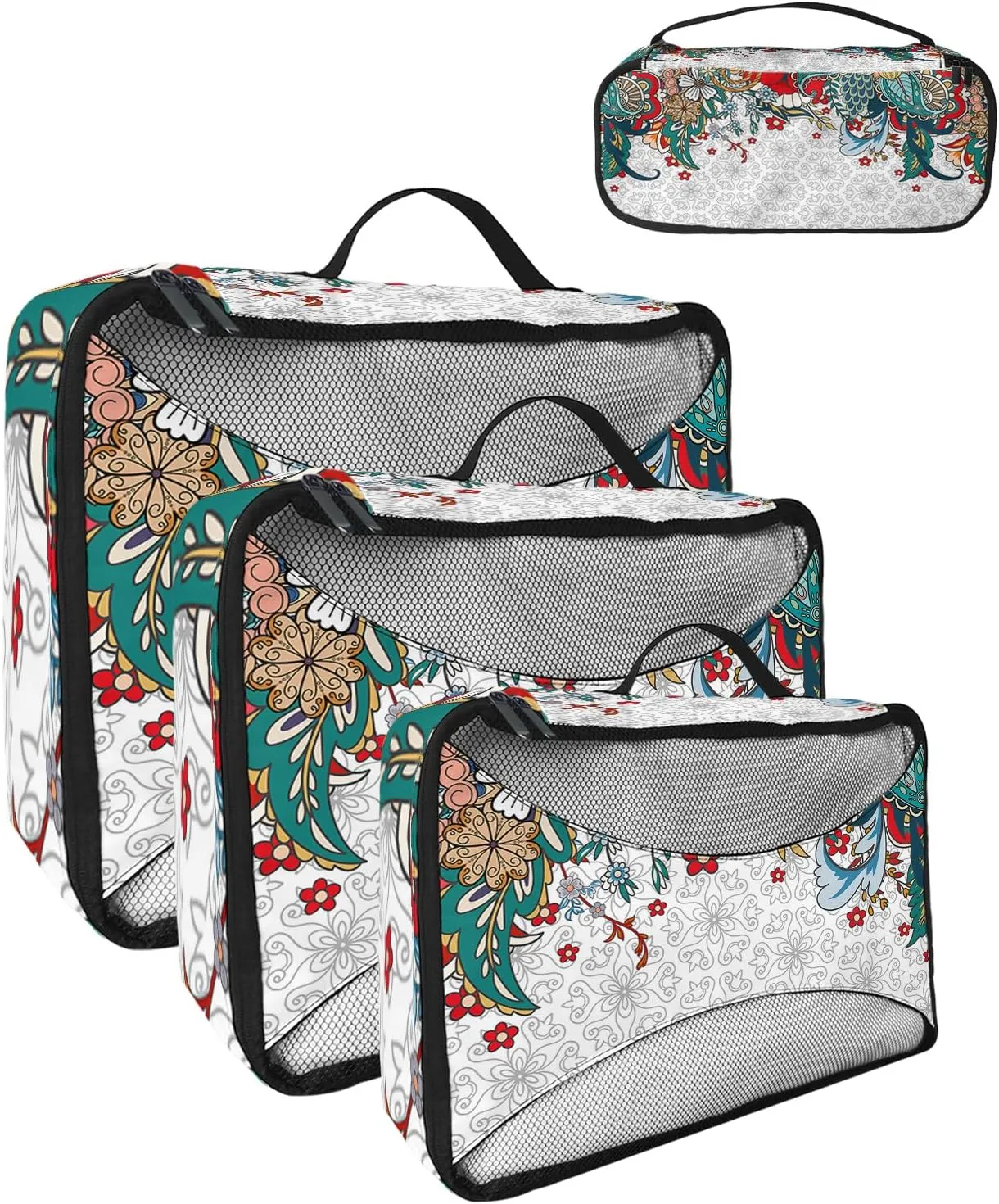Packing Cubes for Travel, 4 Set Travel Packing Organized Cubes Boho Flower Plant Bohemian Abstract Floral White Waterproof Luggage Organizer with Laundry Bag Travel Accessories for Carry On Suitcases