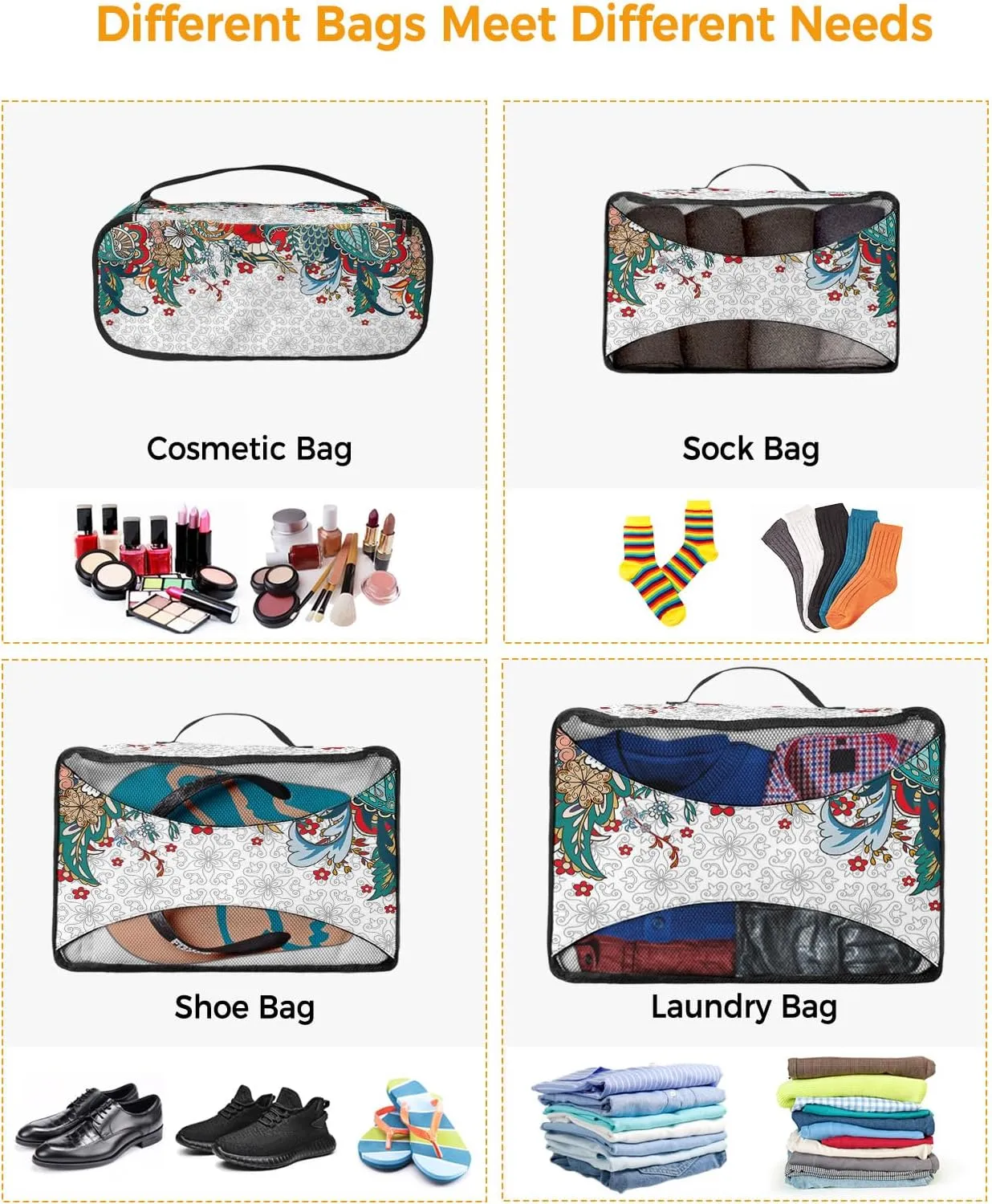 Packing Cubes for Travel, 4 Set Travel Packing Organized Cubes Boho Flower Plant Bohemian Abstract Floral White Waterproof Luggage Organizer with Laundry Bag Travel Accessories for Carry On Suitcases