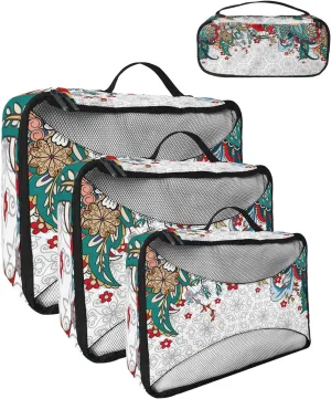 Packing Cubes for Travel, 4 Set Travel Packing Organized Cubes Boho Flower Plant Bohemian Abstract Floral White Waterproof Luggage Organizer with Laundry Bag Travel Accessories for Carry On Suitcases