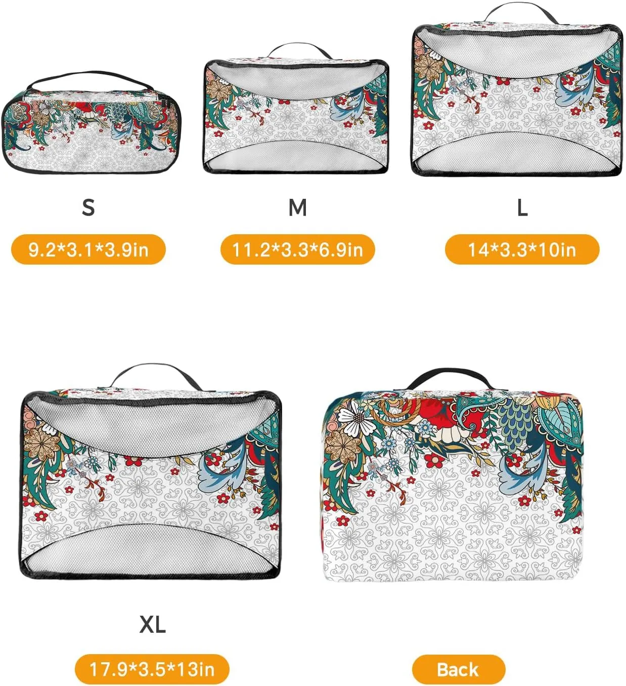 Packing Cubes for Travel, 4 Set Travel Packing Organized Cubes Boho Flower Plant Bohemian Abstract Floral White Waterproof Luggage Organizer with Laundry Bag Travel Accessories for Carry On Suitcases