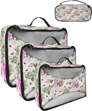 Packing Cubes for Travel, 4 Set Travel Packing Organized Cubes Plants Flowers Leaves Watercolor Style Linen Texture Waterproof Luggage Organizer Shoe Bag Travel Accessories for Carry On Suitcases